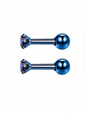 Blue CZ Barbell Earrings Blue Stainless Steel Cartilage Studs 20G 2mm